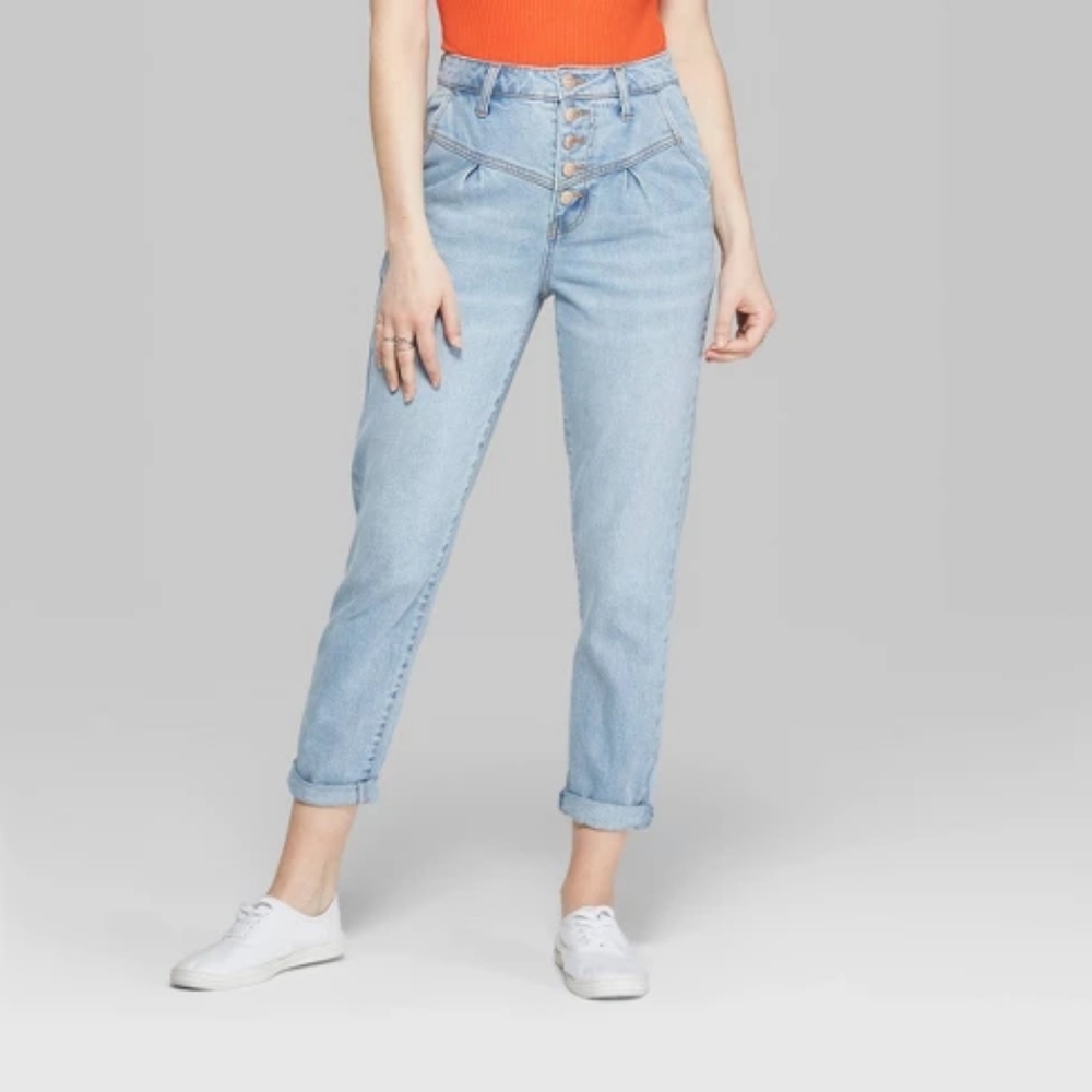EUC Wild Fable High-Rise Pleated Front Button-Fly Tapered Light Wash Jean Size 0